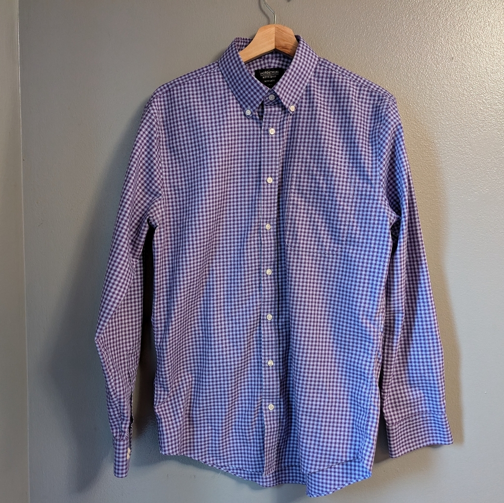 Nordstrom Mens Trim Fit Purple Checkered Non-Iron Dress Shirt Size 15 1/2 34/35